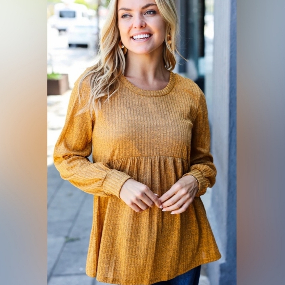 Haptics Mustard Yellow Black Ribbed Long Sleeve Babydoll Tunic Size 1X New